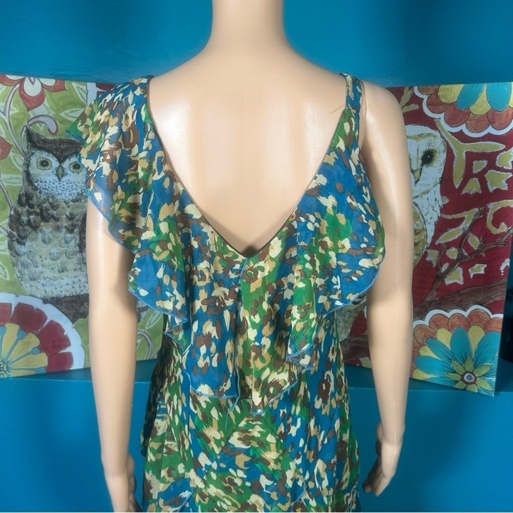 Robbie Bee Maxi Dress Women's Size 8 Ruffle Green Blue Abstract Print Tiered - Picture 10 of 12